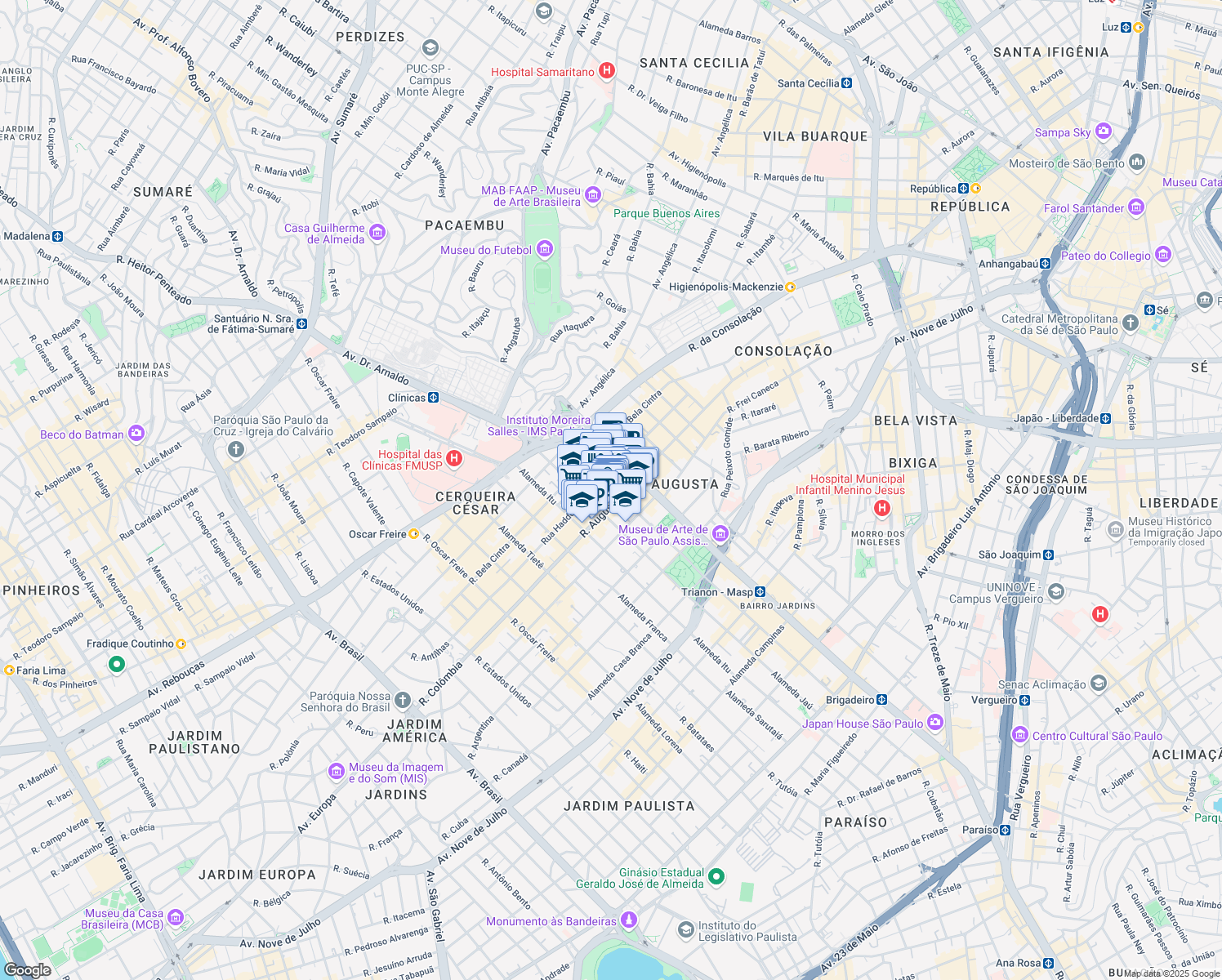 map of restaurants, bars, coffee shops, grocery stores, and more near 2223 Alameda Santos in São Paulo