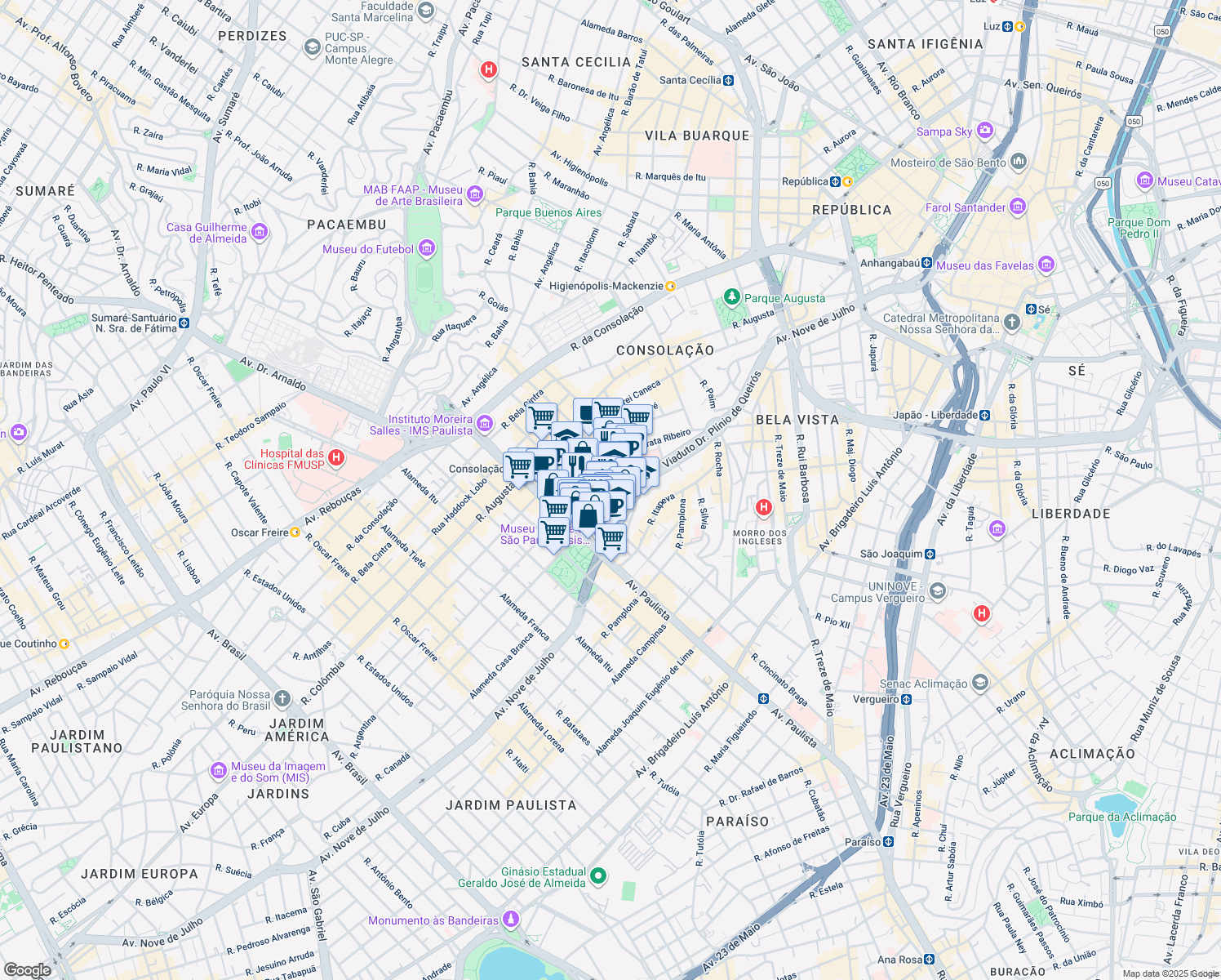 map of restaurants, bars, coffee shops, grocery stores, and more near 545 Rua Peixoto Gomide in São Paulo