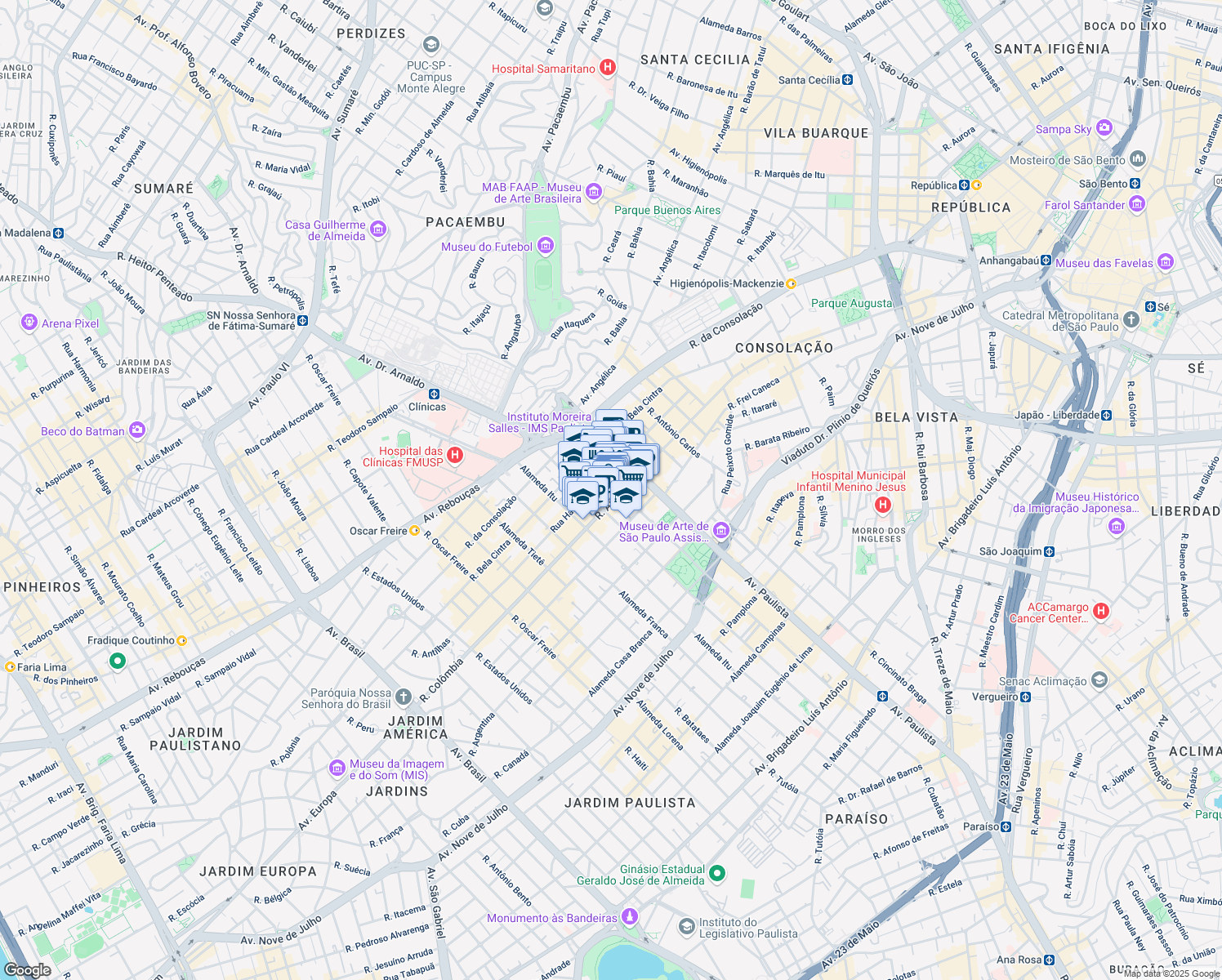 map of restaurants, bars, coffee shops, grocery stores, and more near 2223 Alameda Santos in São Paulo