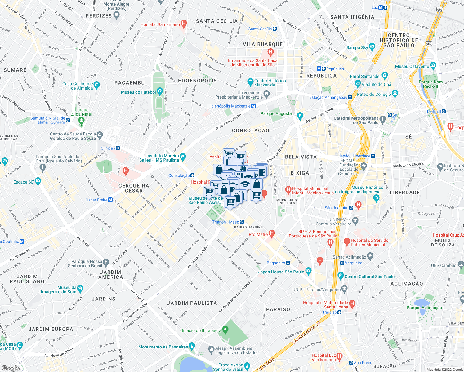 map of restaurants, bars, coffee shops, grocery stores, and more near 545 Rua Peixoto Gomide in São Paulo