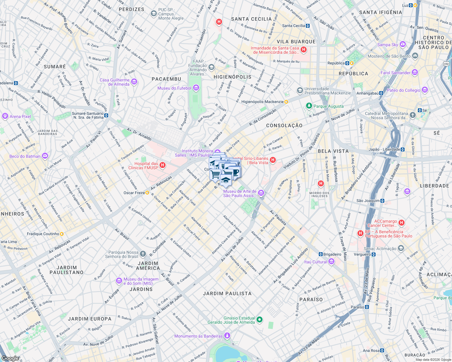 map of restaurants, bars, coffee shops, grocery stores, and more near in São Paulo