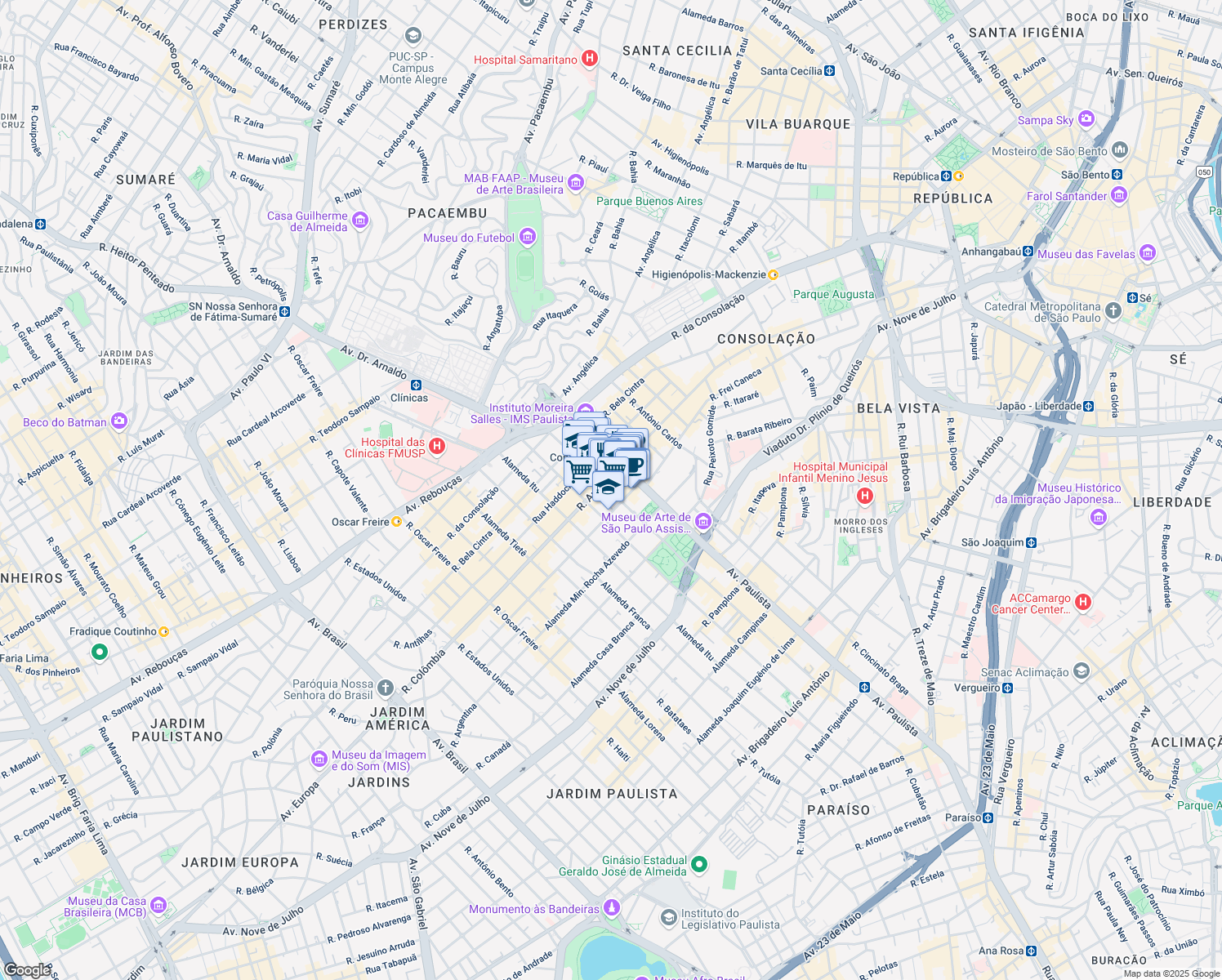 map of restaurants, bars, coffee shops, grocery stores, and more near 2159 Alameda Santos in São Paulo