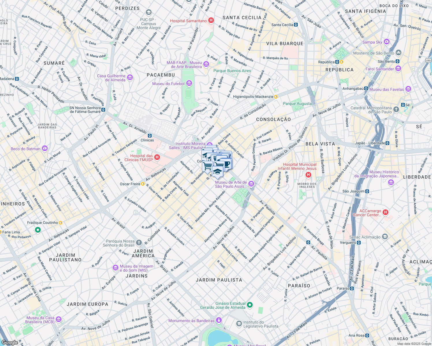 map of restaurants, bars, coffee shops, grocery stores, and more near 2159 Alameda Santos in São Paulo