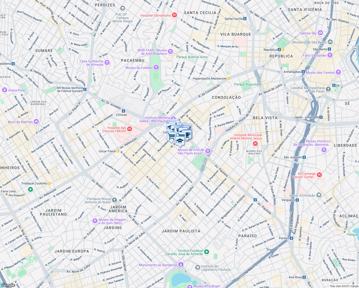 map of restaurants, bars, coffee shops, grocery stores, and more near 2101 Alameda Santos in São Paulo