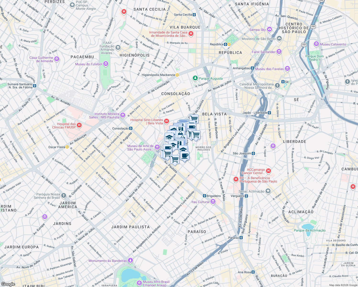 map of restaurants, bars, coffee shops, grocery stores, and more near 40 Alameda Rio Claro in São Paulo
