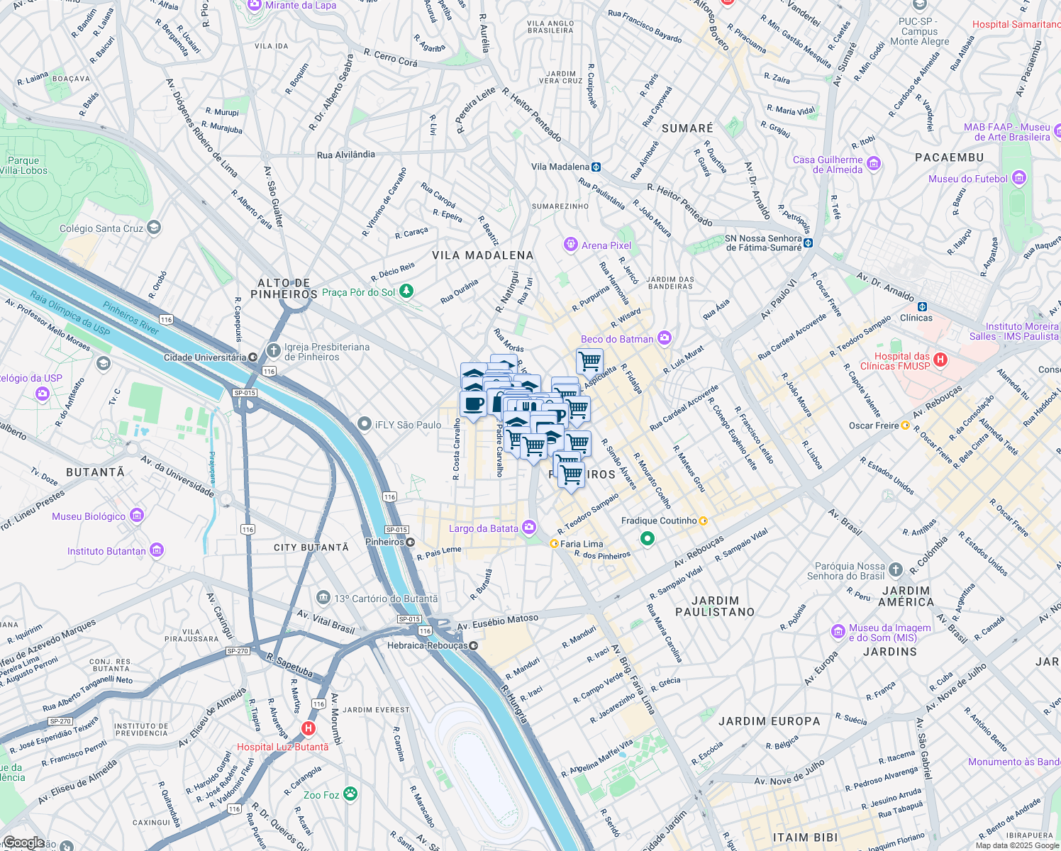 map of restaurants, bars, coffee shops, grocery stores, and more near 32 Rua Coropé in São Paulo
