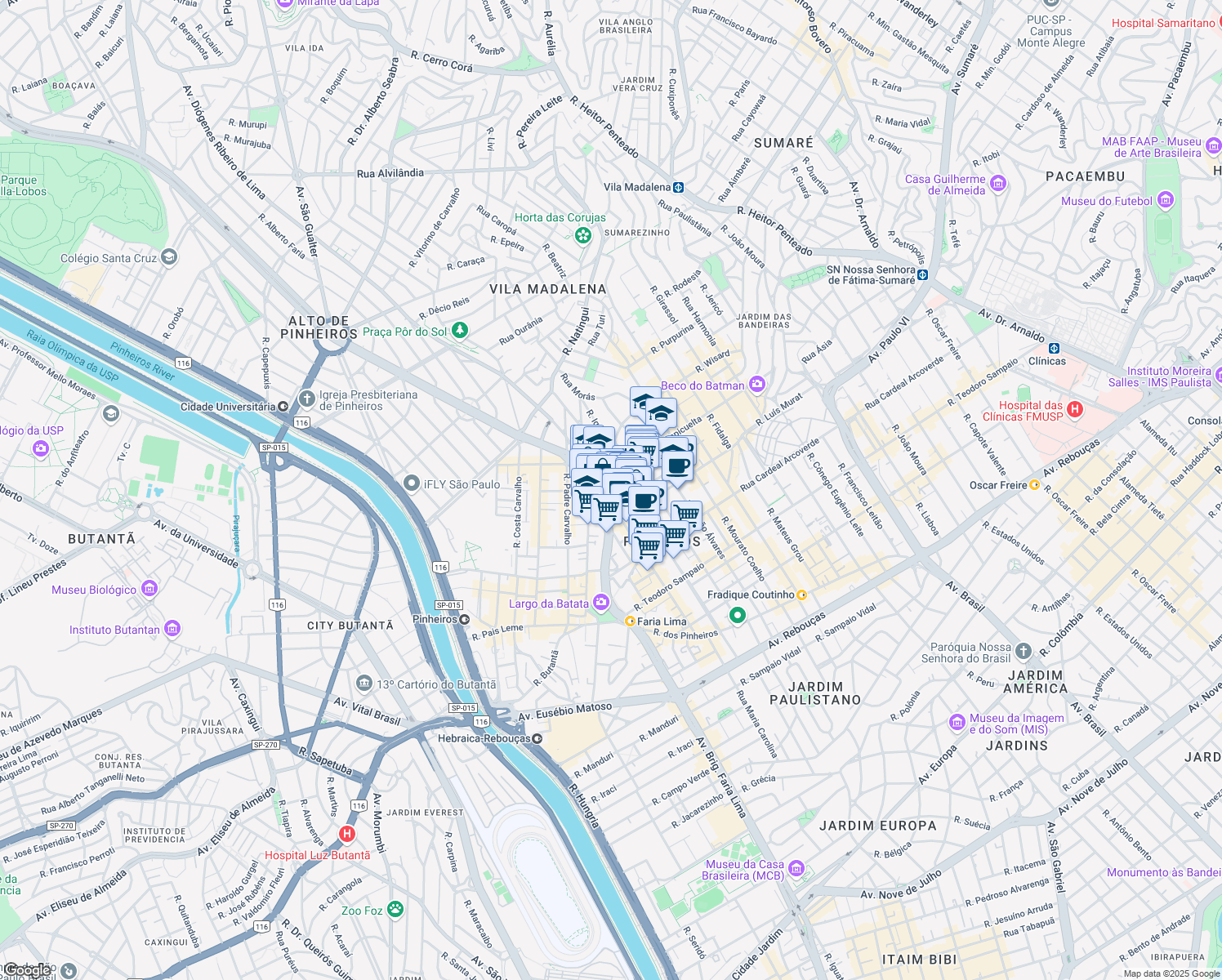 map of restaurants, bars, coffee shops, grocery stores, and more near 32 Rua Coropé in São Paulo