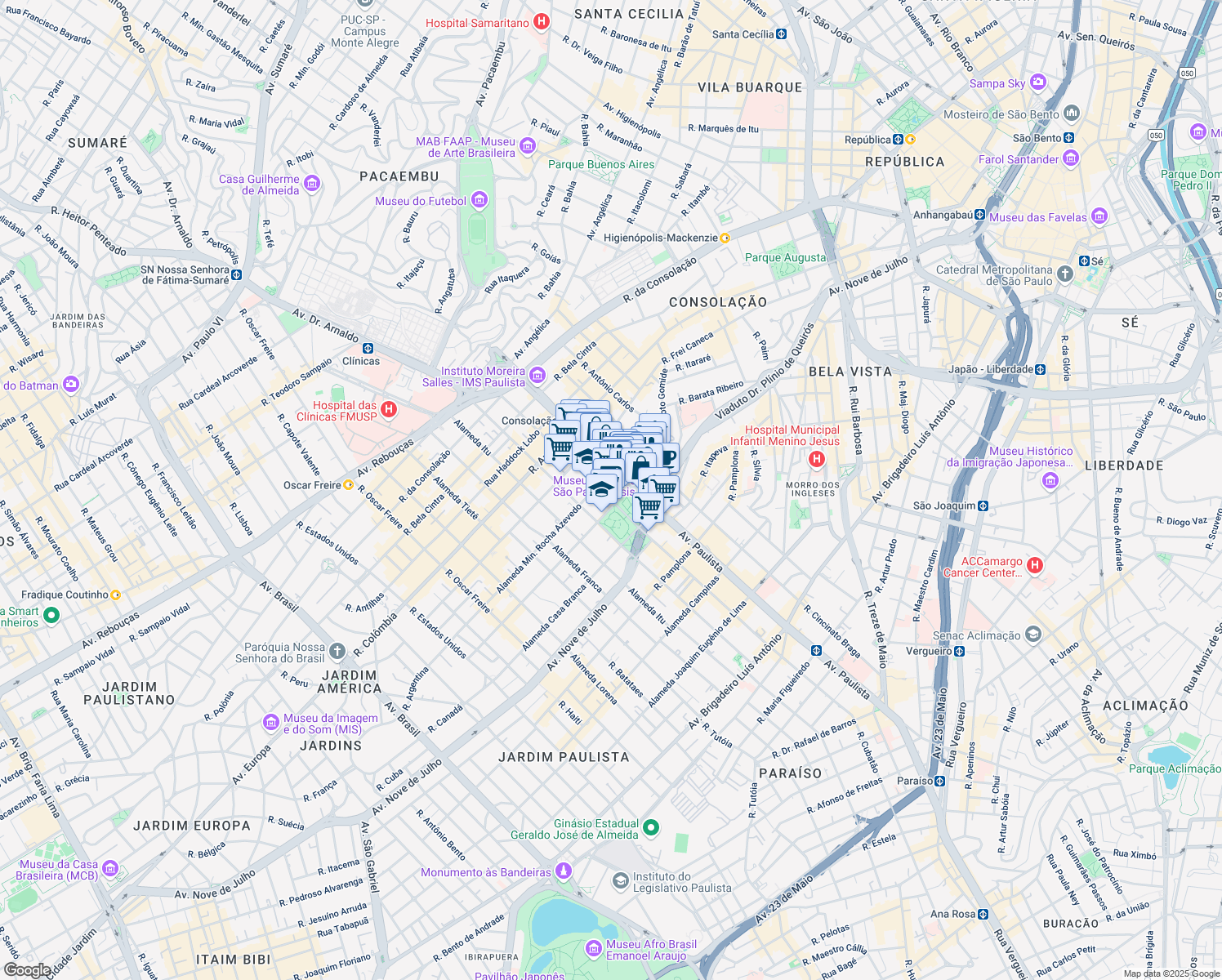 map of restaurants, bars, coffee shops, grocery stores, and more near 1800 Alameda Santos in São Paulo
