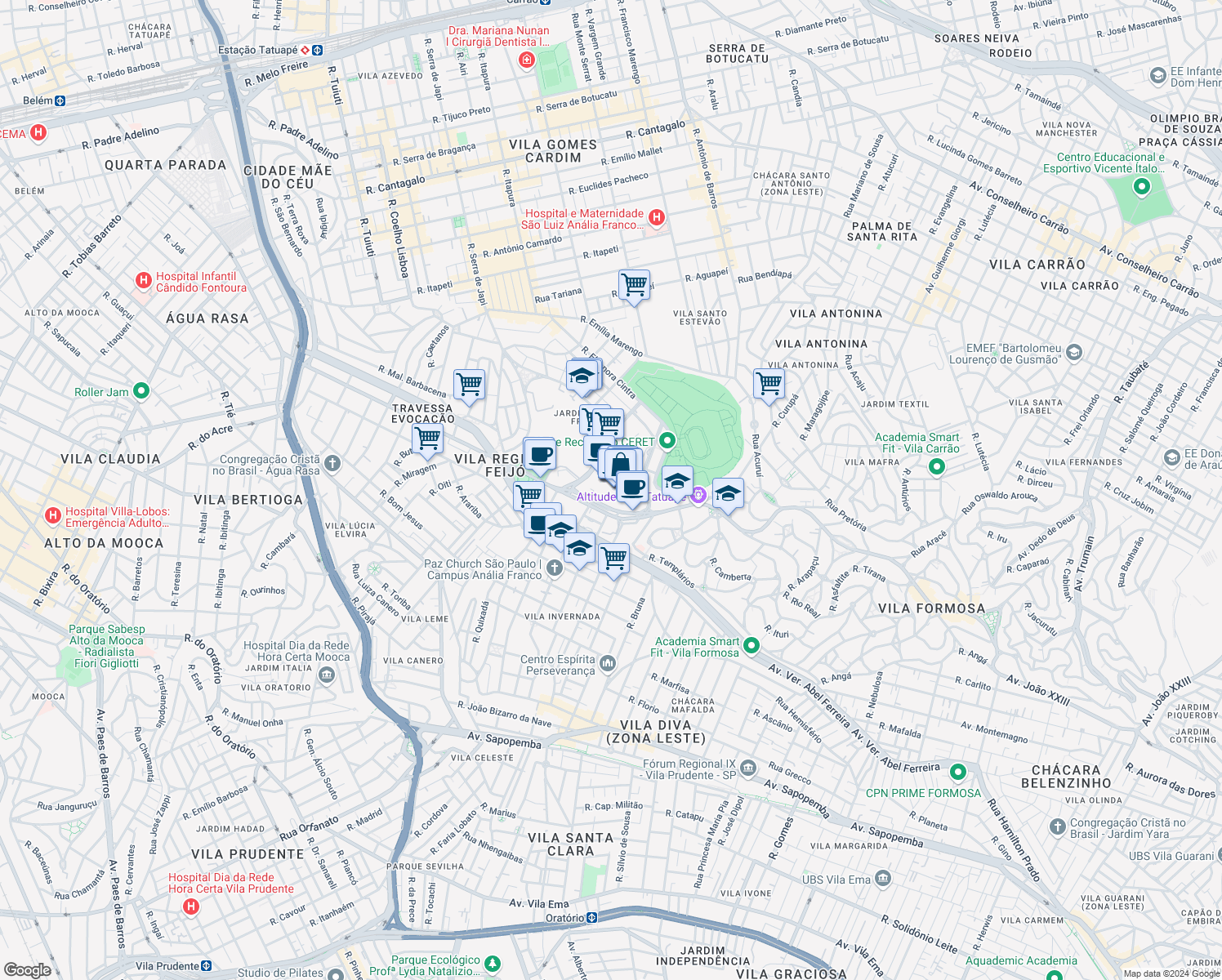 map of restaurants, bars, coffee shops, grocery stores, and more near 1739 Avenida Regente Feijó in São Paulo