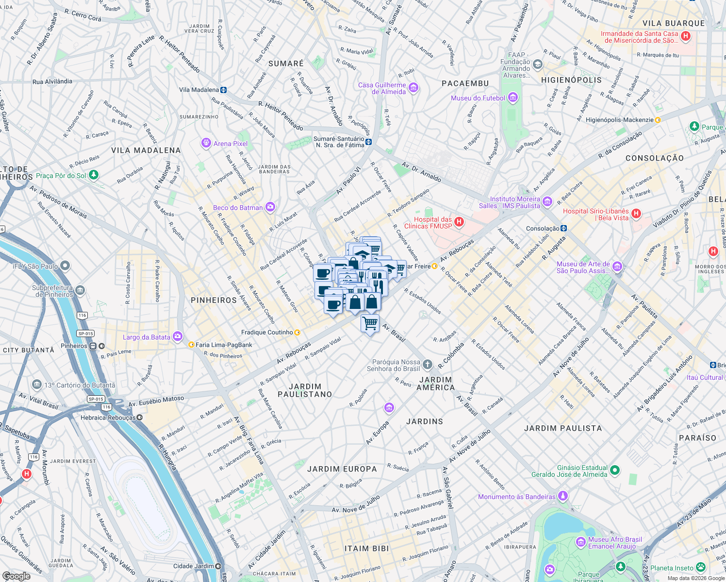 map of restaurants, bars, coffee shops, grocery stores, and more near 170 Rua Henrique Schaumann in São Paulo