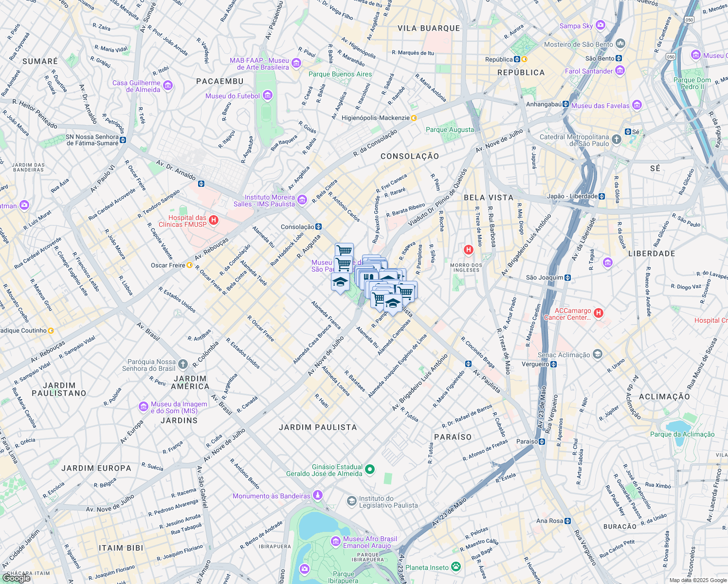 map of restaurants, bars, coffee shops, grocery stores, and more near 1418 Alameda Santos in São Paulo