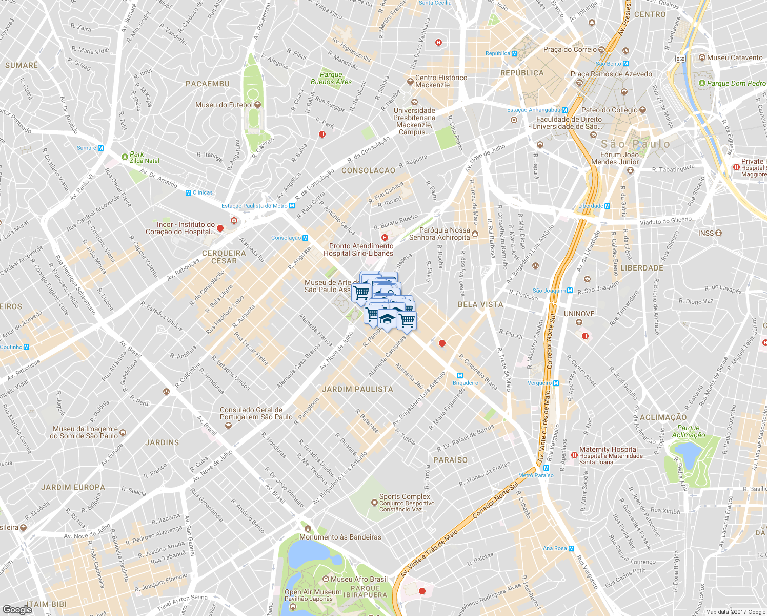map of restaurants, bars, coffee shops, grocery stores, and more near 1310 Avenida Paulista in São Paulo