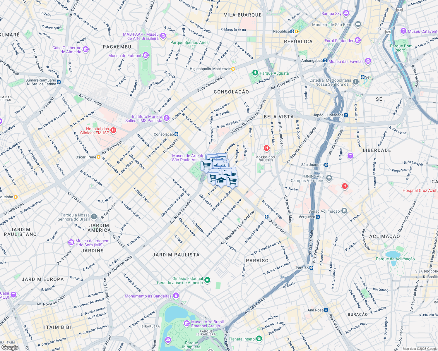 map of restaurants, bars, coffee shops, grocery stores, and more near 1313 Paulista Avenue in Sao Paulo