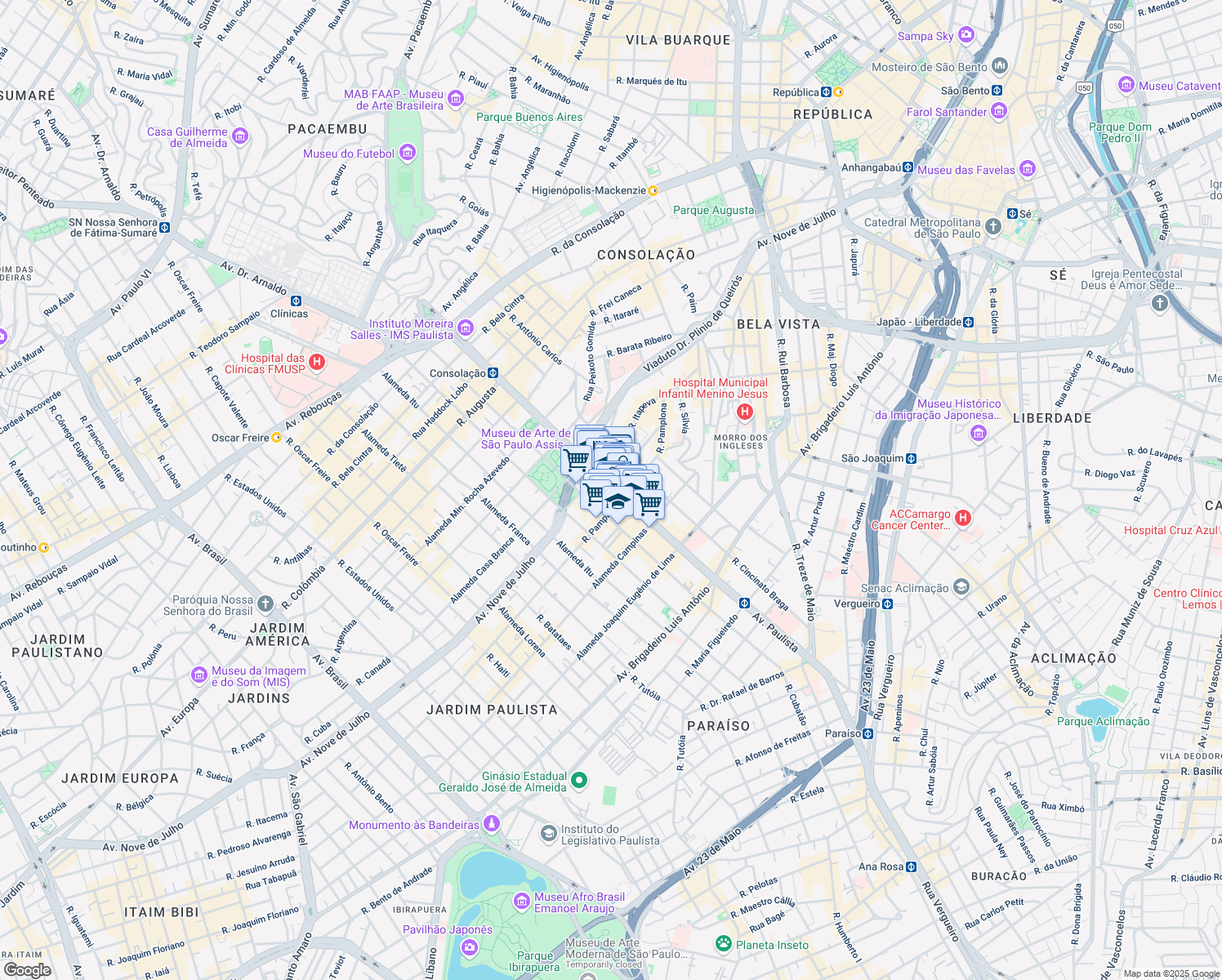 map of restaurants, bars, coffee shops, grocery stores, and more near 1313 Paulista Avenue in Sao Paulo