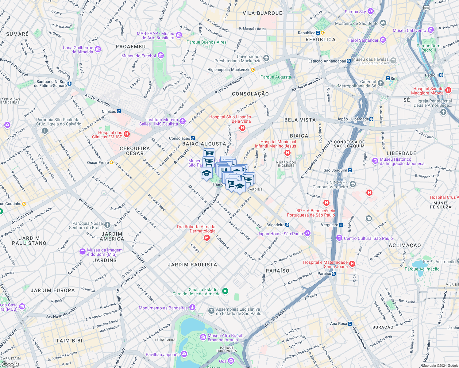 map of restaurants, bars, coffee shops, grocery stores, and more near 1418 Alameda Santos in São Paulo