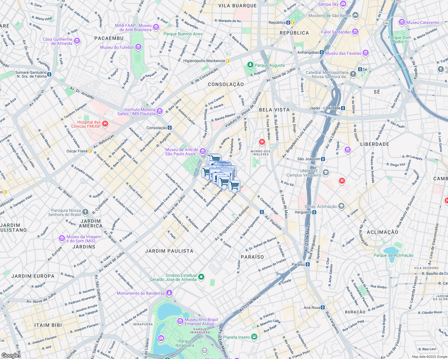 map of restaurants, bars, coffee shops, grocery stores, and more near 1310 Avenida Paulista in São Paulo
