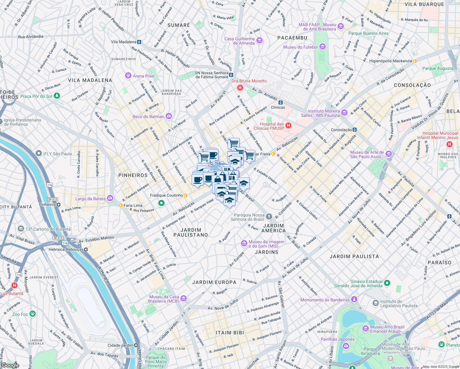 map of restaurants, bars, coffee shops, grocery stores, and more near 2985 Avenida Brasil in São Paulo