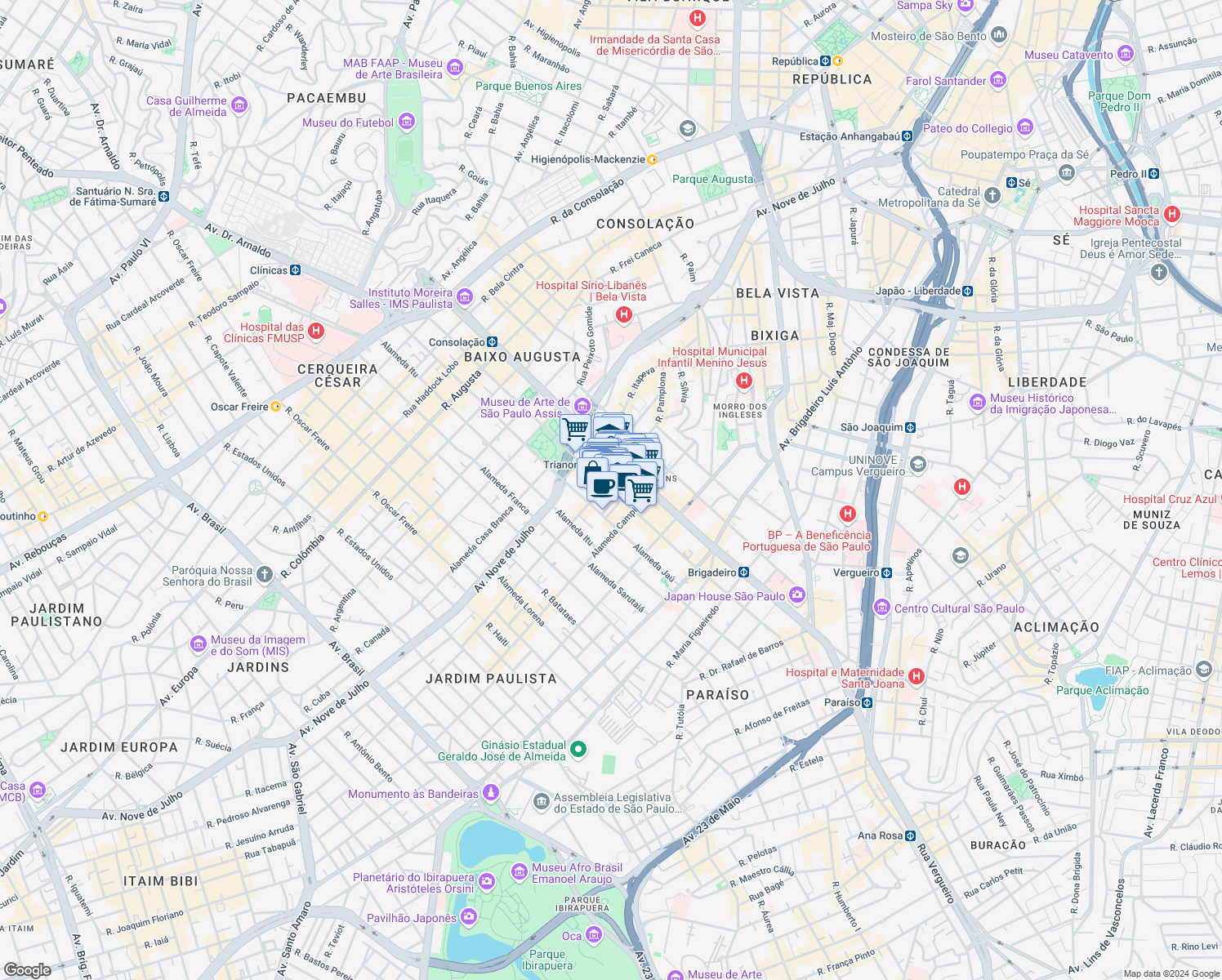 map of restaurants, bars, coffee shops, grocery stores, and more near 1231 Alameda Santos in Sao Paulo