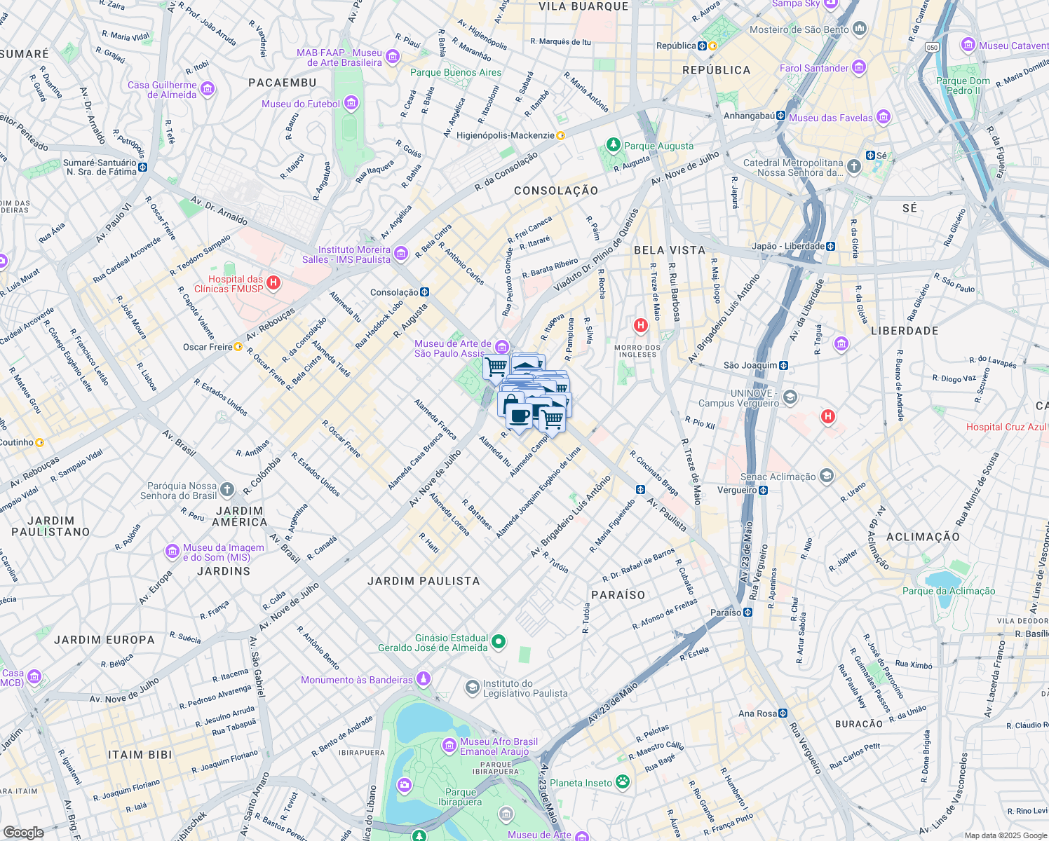 map of restaurants, bars, coffee shops, grocery stores, and more near 1231 Alameda Santos in São Paulo