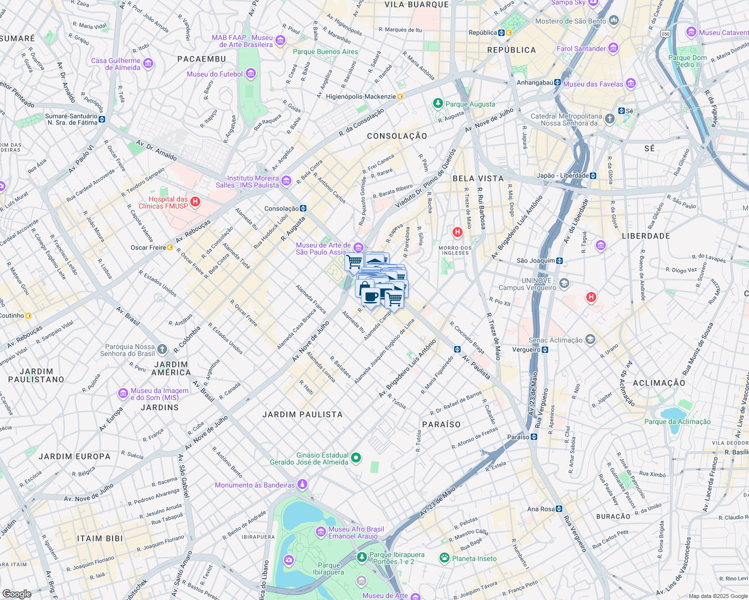 map of restaurants, bars, coffee shops, grocery stores, and more near 1231 Alameda Santos in São Paulo