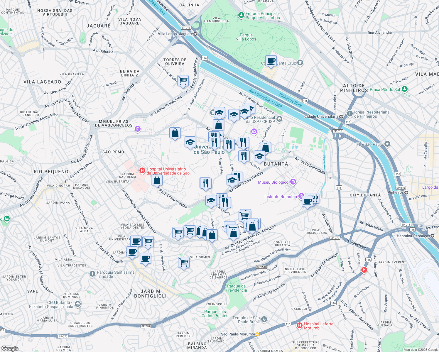 map of restaurants, bars, coffee shops, grocery stores, and more near 310 Rua do Matão in São Paulo