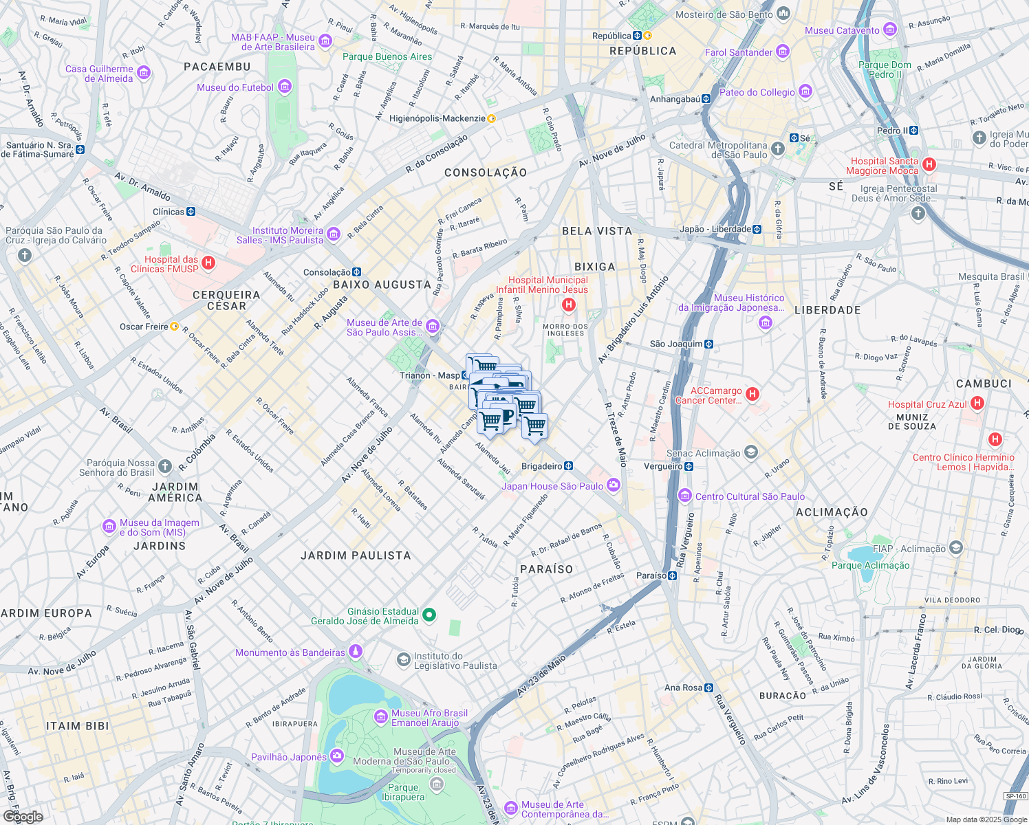map of restaurants, bars, coffee shops, grocery stores, and more near 854 Avenida Paulista in São Paulo