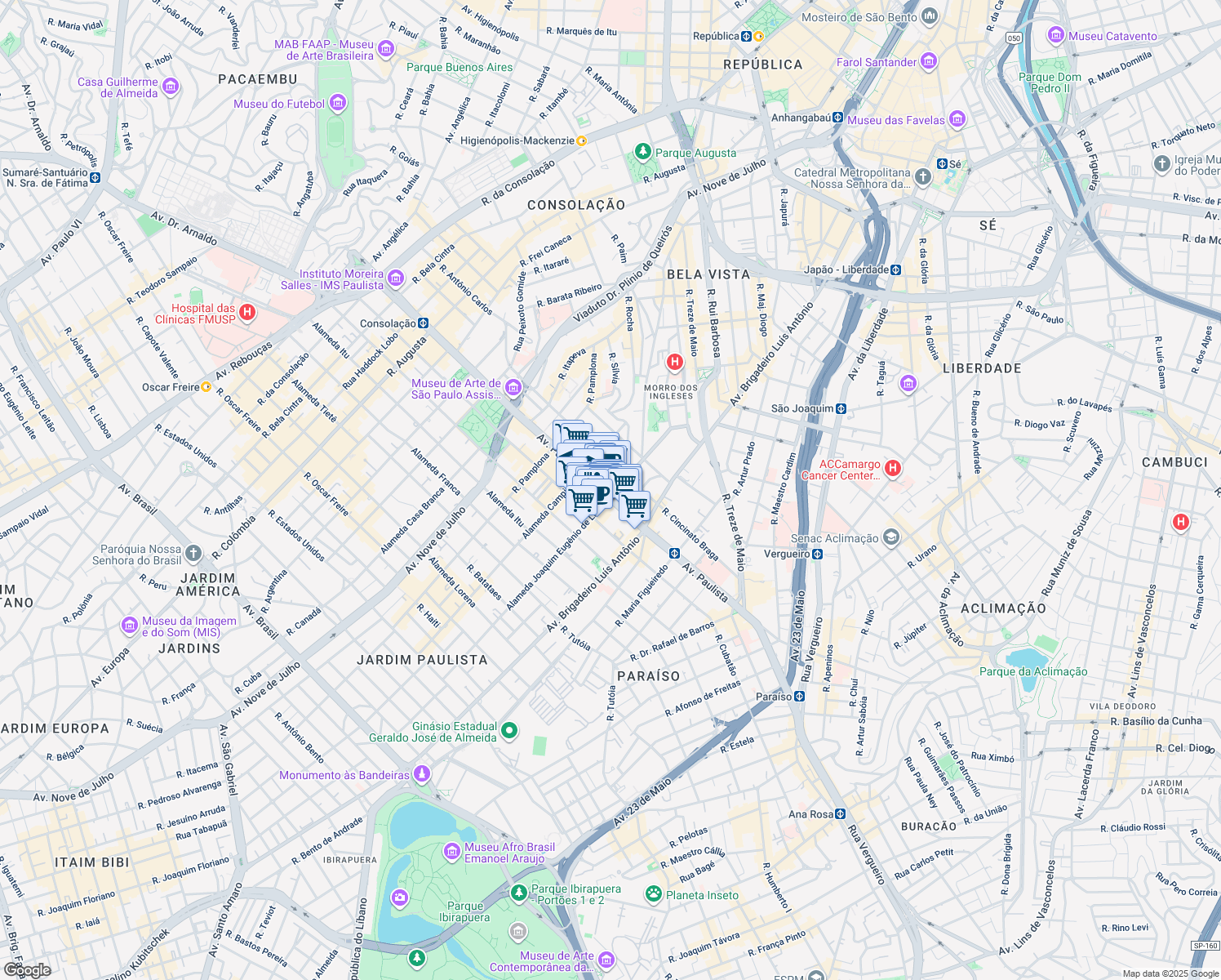 map of restaurants, bars, coffee shops, grocery stores, and more near 854 Avenida Paulista in São Paulo