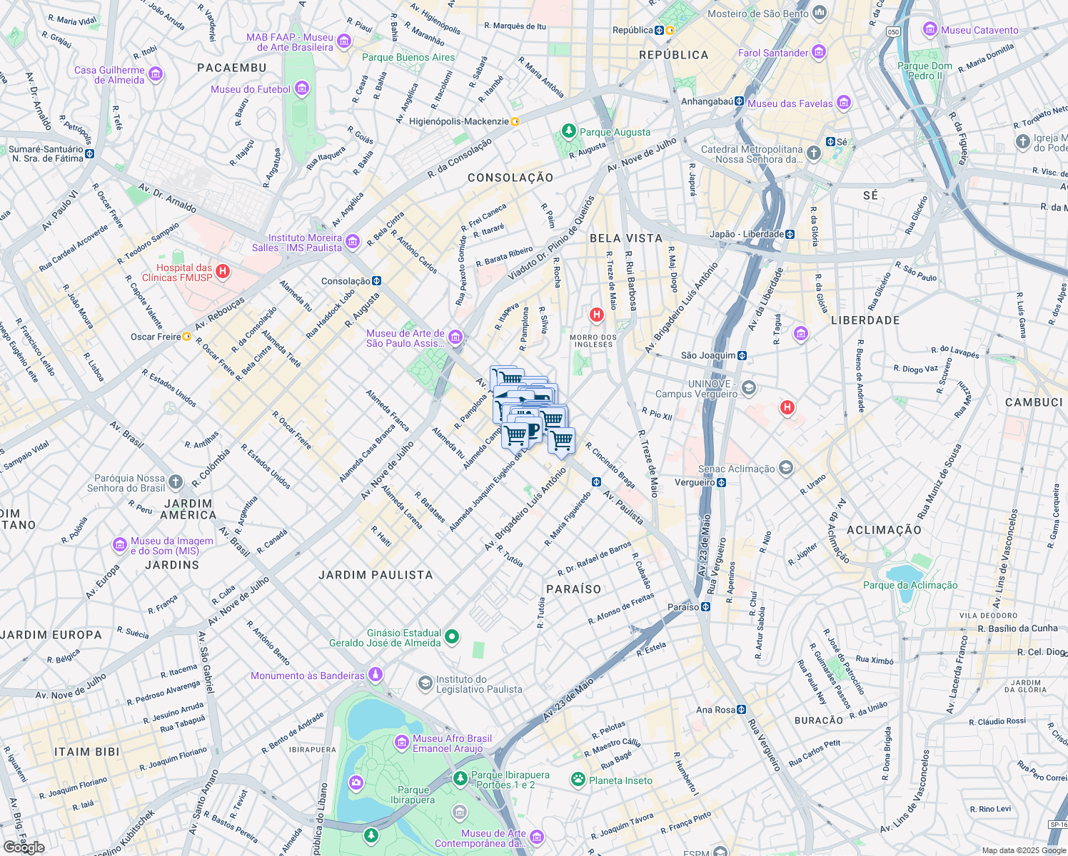 map of restaurants, bars, coffee shops, grocery stores, and more near 867 Avenida Paulista in São Paulo