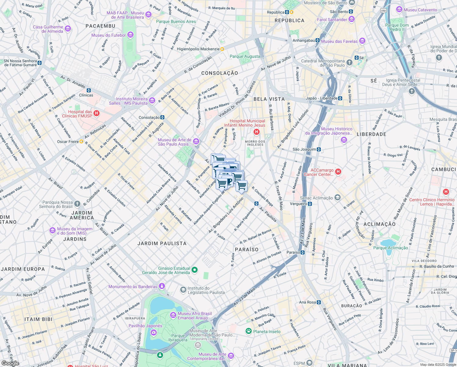 map of restaurants, bars, coffee shops, grocery stores, and more near 867 Avenida Paulista in São Paulo