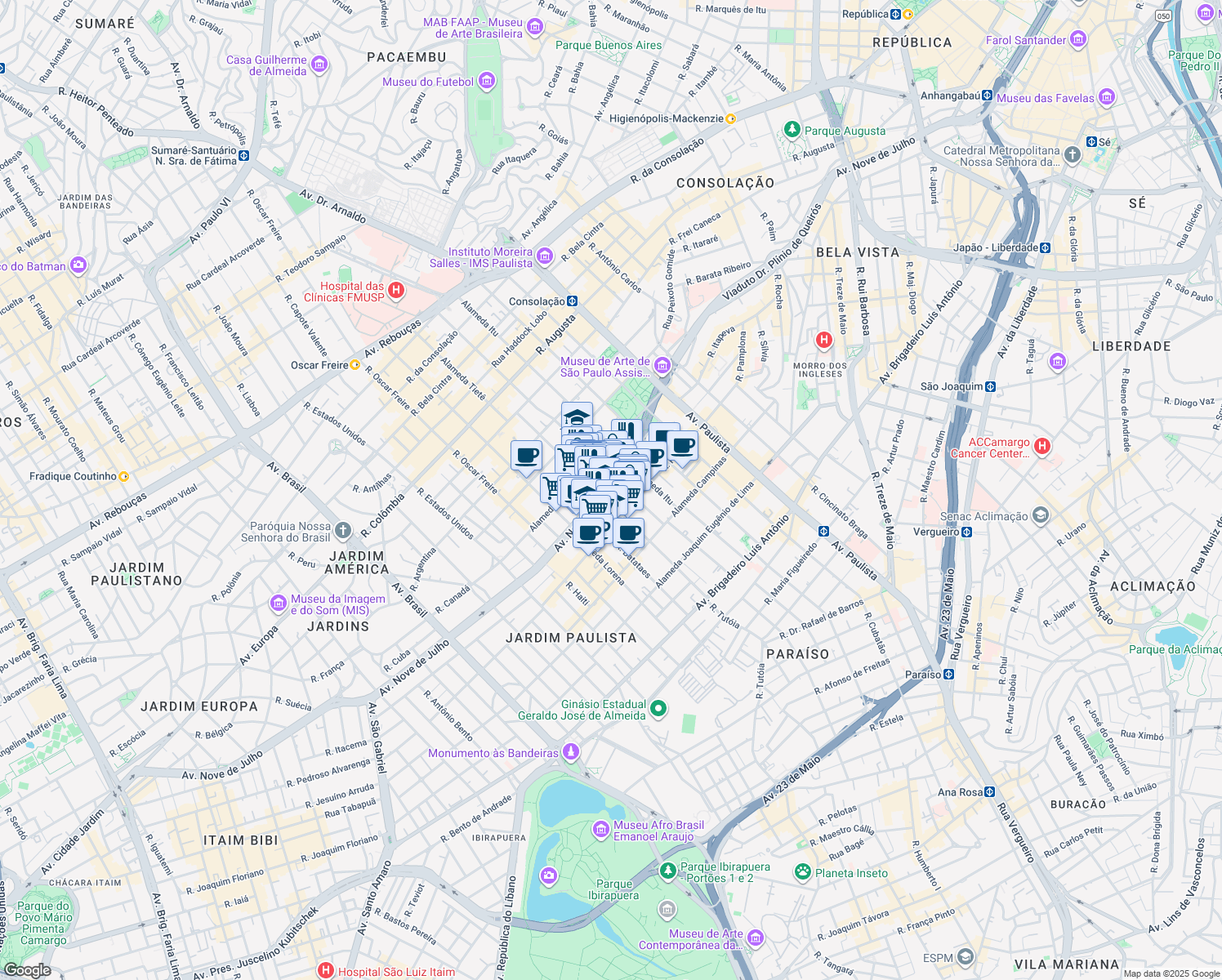 map of restaurants, bars, coffee shops, grocery stores, and more near 3013 Avenida Nove de Julho in São Paulo