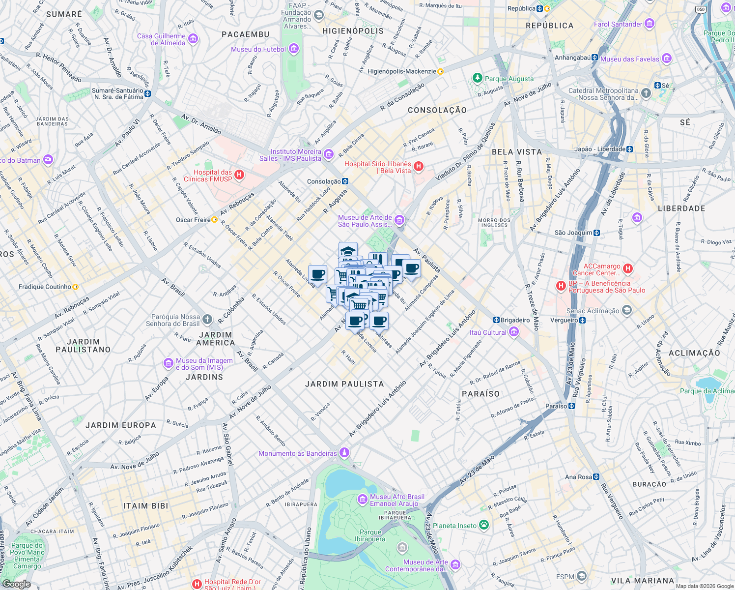 map of restaurants, bars, coffee shops, grocery stores, and more near 3013 Avenida Nove de Julho in São Paulo