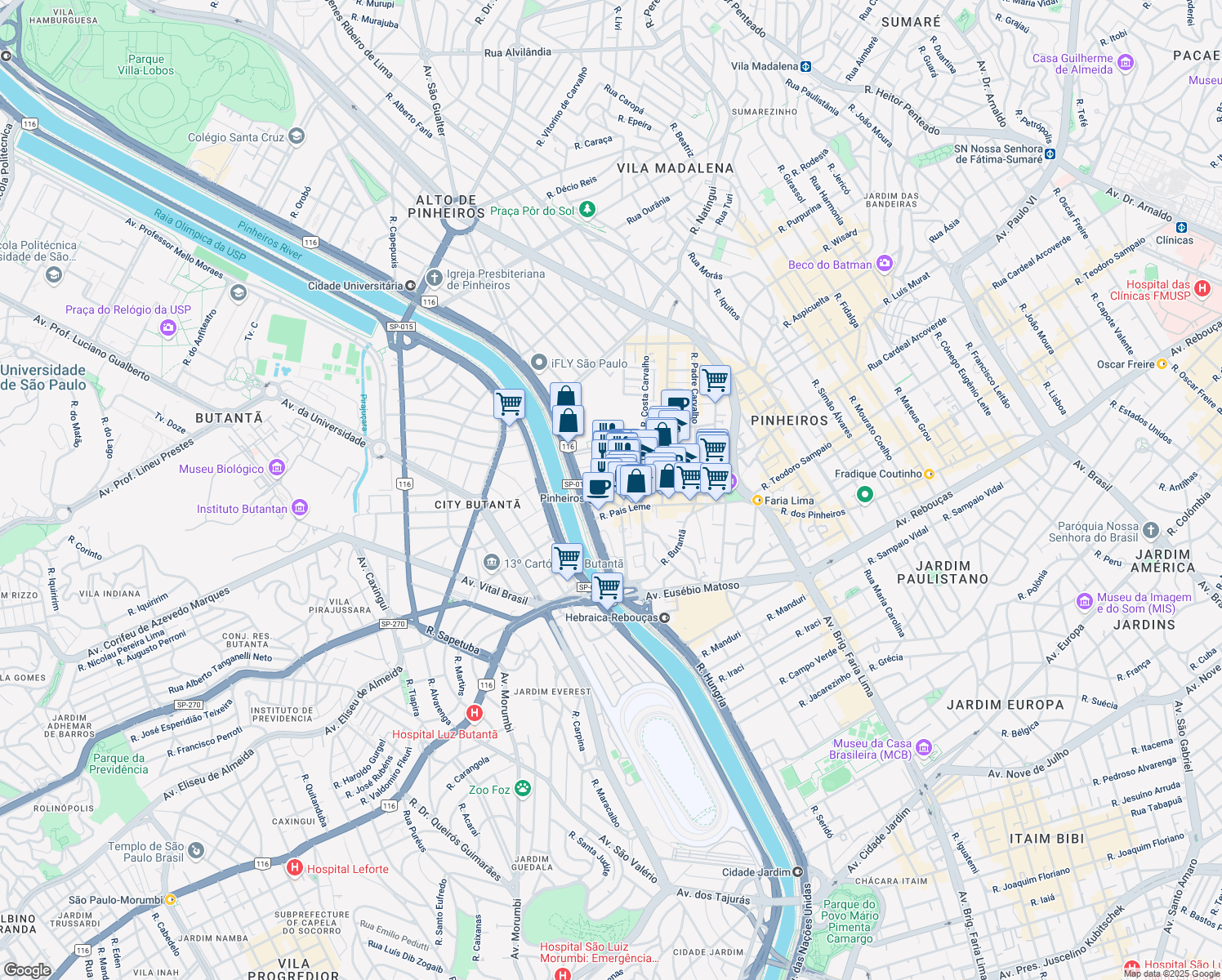 map of restaurants, bars, coffee shops, grocery stores, and more near 215 Rua Gilberto Sabino in São Paulo