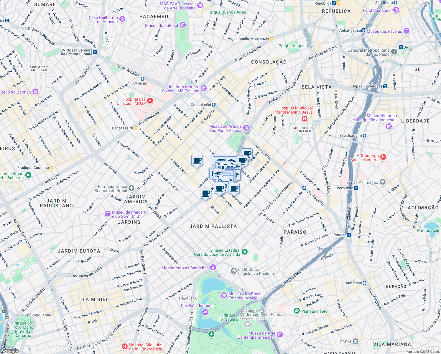 map of restaurants, bars, coffee shops, grocery stores, and more near 3134 Avenida Nove de Julho in Sao Paulo