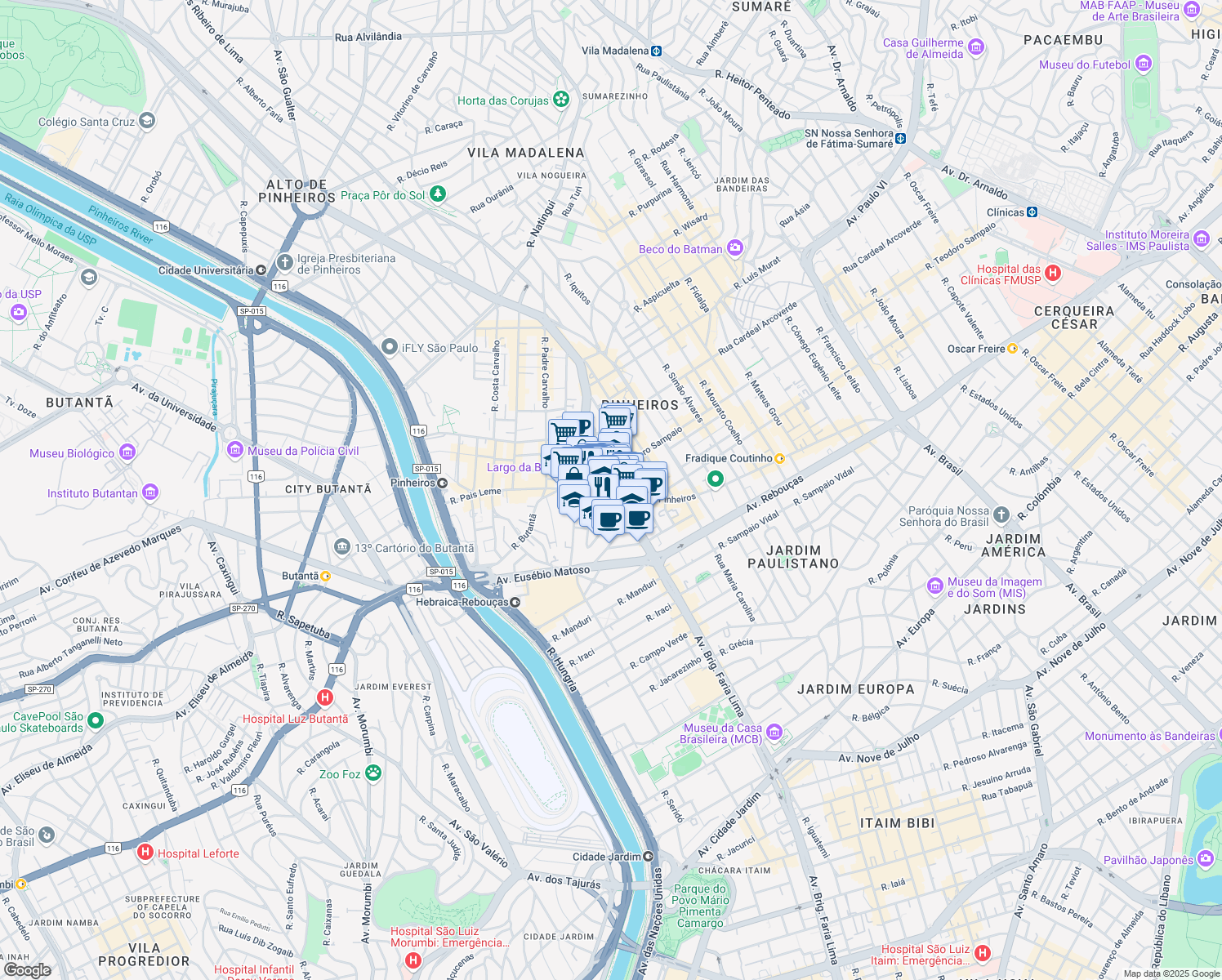map of restaurants, bars, coffee shops, grocery stores, and more near 1673 Rua dos Pinheiros in São Paulo