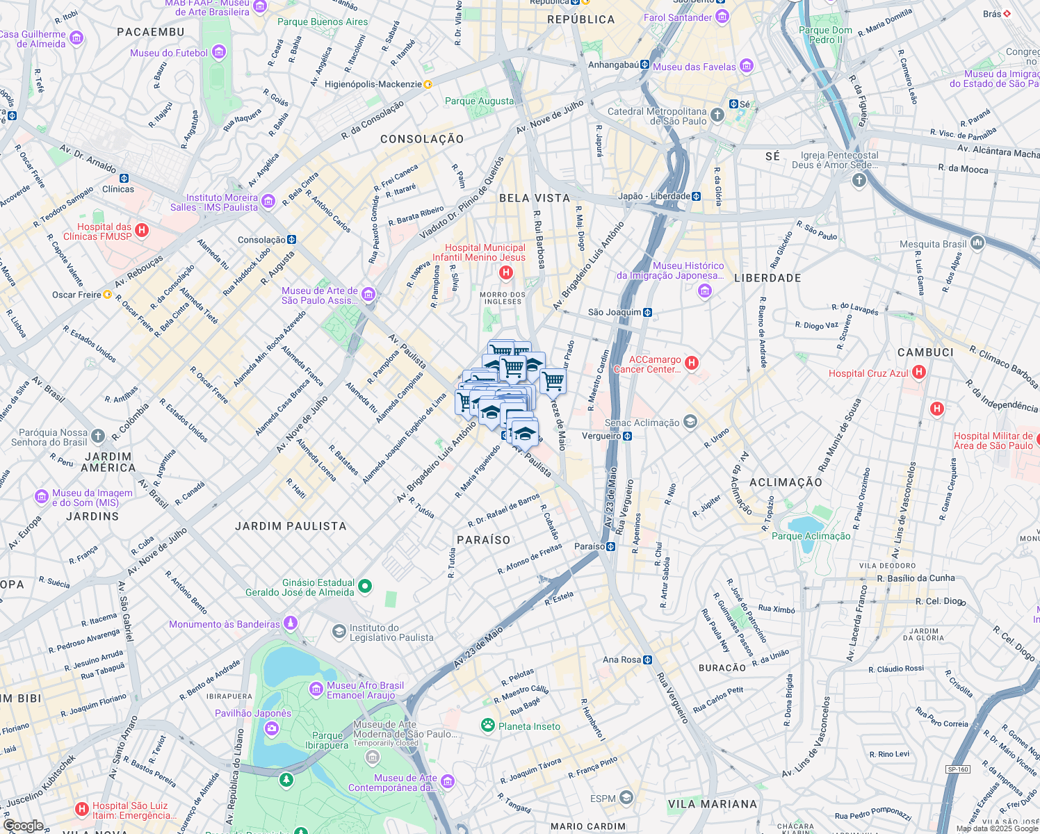 map of restaurants, bars, coffee shops, grocery stores, and more near 340 Rua Cincinato Braga in São Paulo