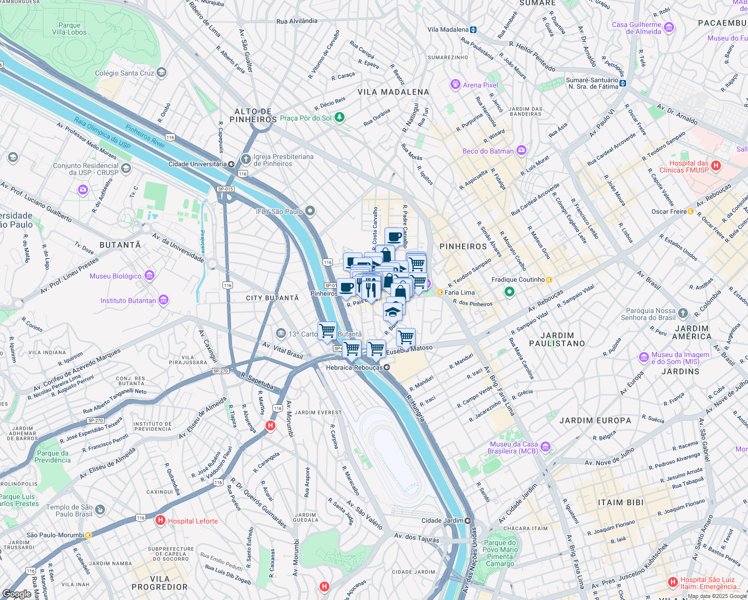 map of restaurants, bars, coffee shops, grocery stores, and more near 291 Rua Pais Leme in São Paulo