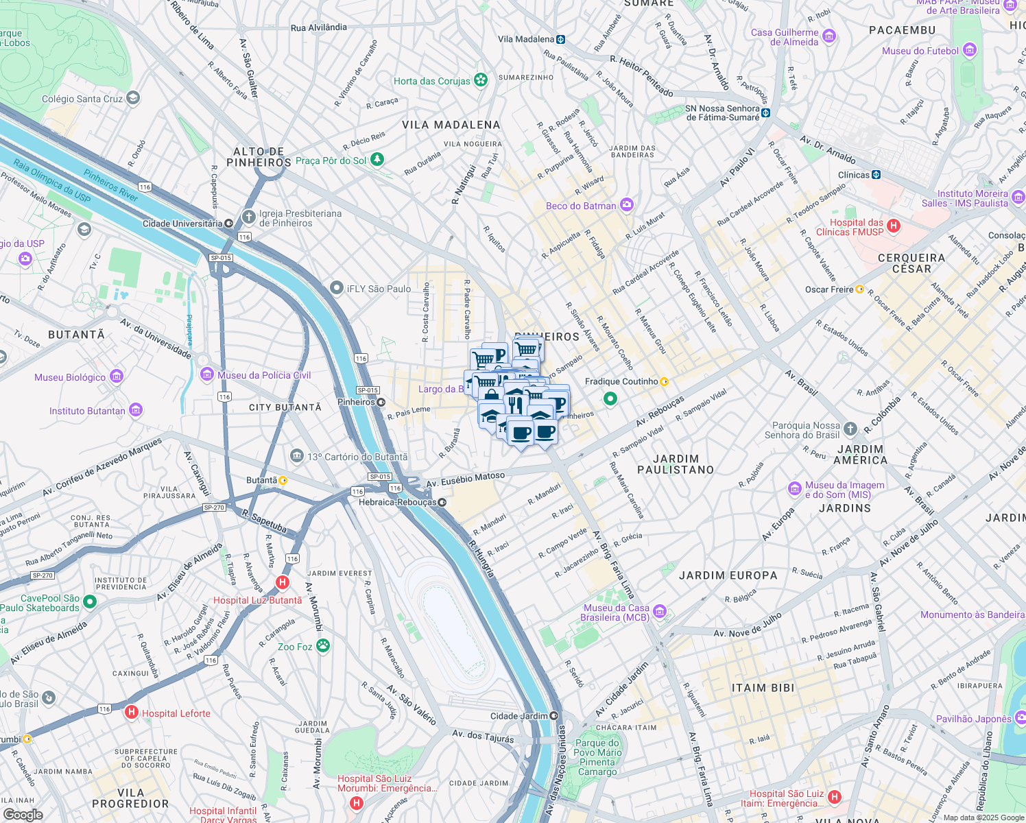 map of restaurants, bars, coffee shops, grocery stores, and more near 1673 Rua dos Pinheiros in São Paulo