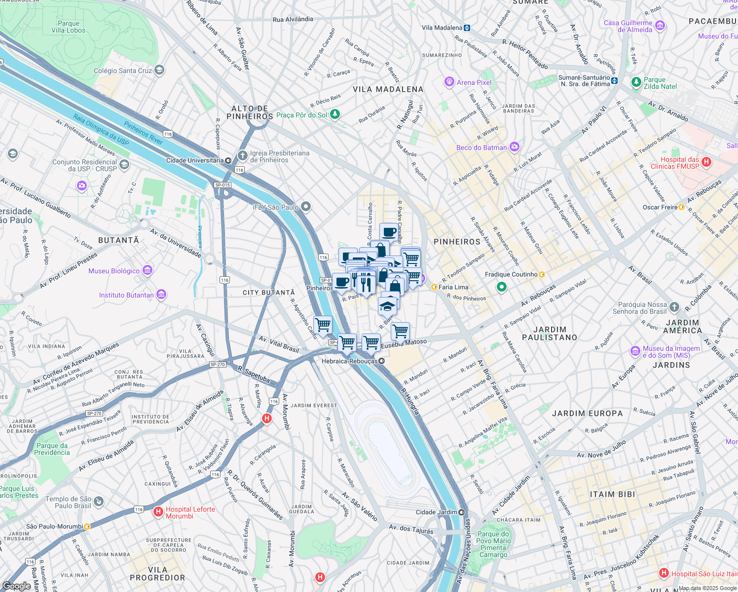 map of restaurants, bars, coffee shops, grocery stores, and more near 291 Rua Pais Leme in São Paulo