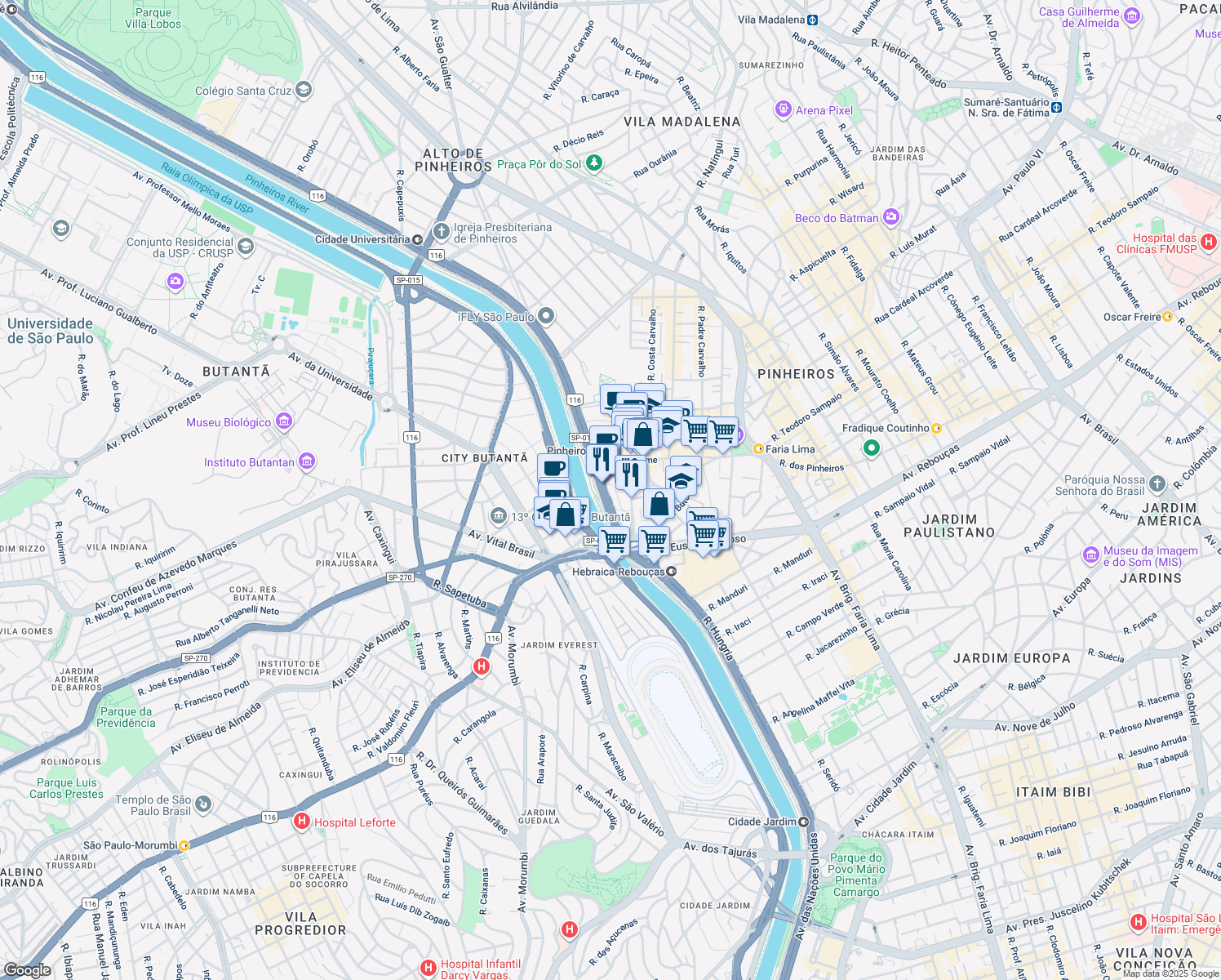 map of restaurants, bars, coffee shops, grocery stores, and more near 7815 Avenida das Nações Unidas in São Paulo