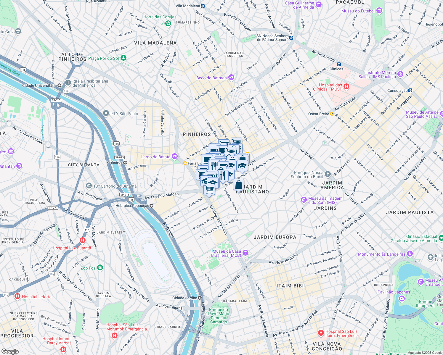 map of restaurants, bars, coffee shops, grocery stores, and more near 2970 Avenida Rebouças in São Paulo