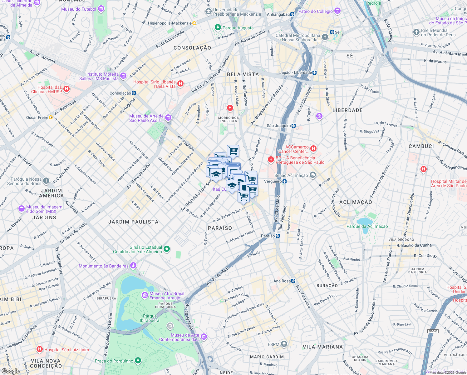 map of restaurants, bars, coffee shops, grocery stores, and more near 283 Avenida Paulista in São Paulo
