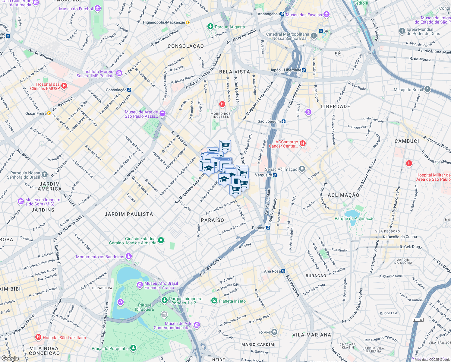 map of restaurants, bars, coffee shops, grocery stores, and more near 283 Avenida Paulista in São Paulo
