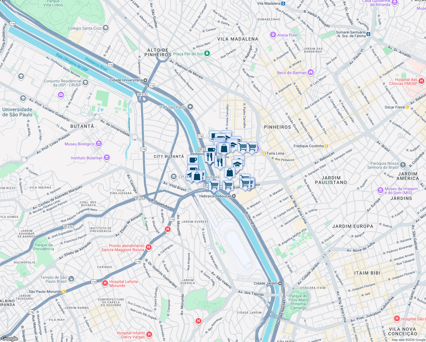map of restaurants, bars, coffee shops, grocery stores, and more near 7815 Avenida Nações Unidas in São Paulo