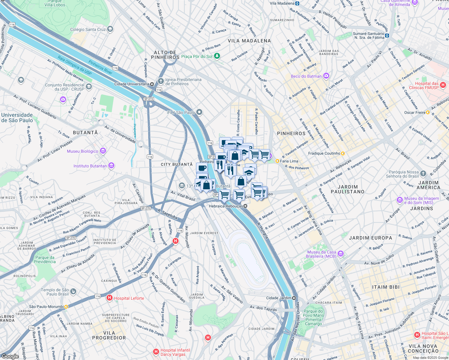 map of restaurants, bars, coffee shops, grocery stores, and more near 7815 Avenida das Nações Unidas in São Paulo