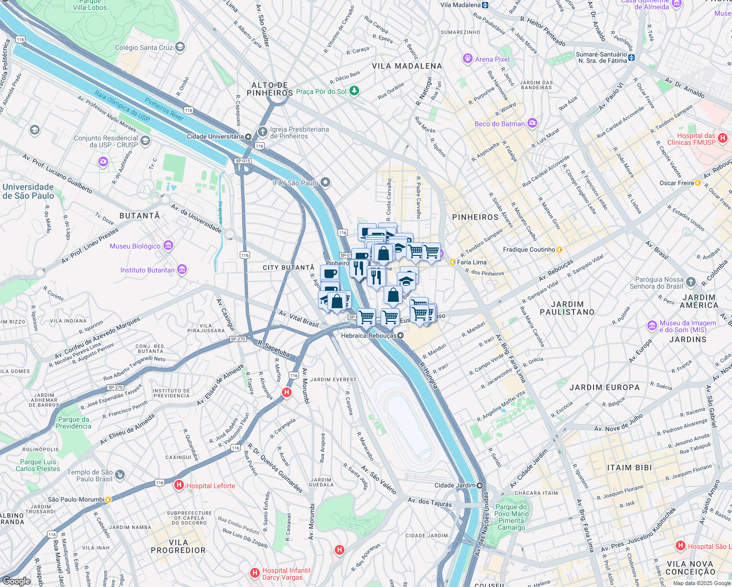 map of restaurants, bars, coffee shops, grocery stores, and more near 7815 Avenida Nações Unidas in São Paulo