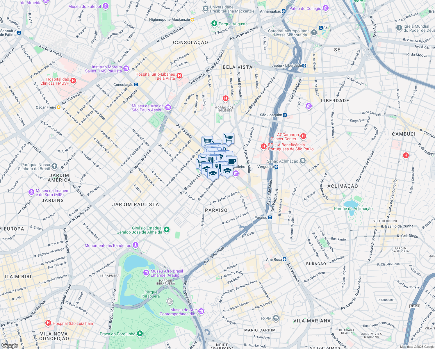 map of restaurants, bars, coffee shops, grocery stores, and more near 415 Alameda Santos in São Paulo