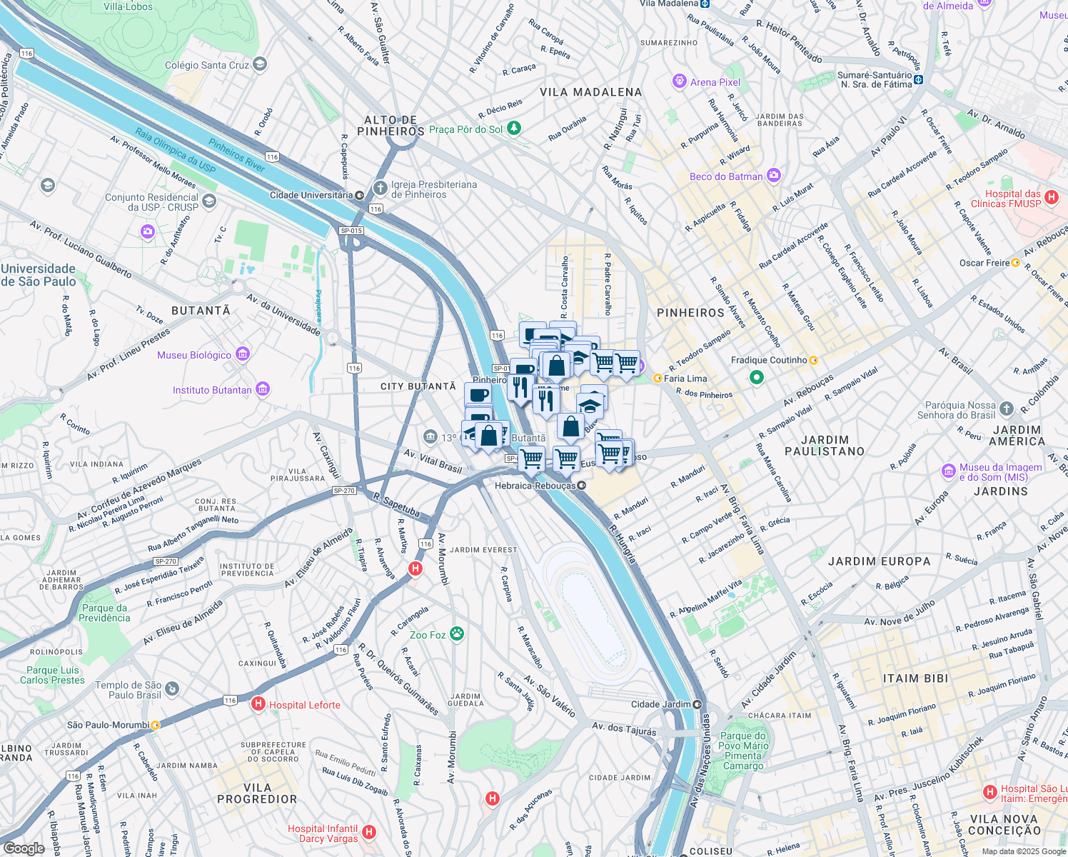 map of restaurants, bars, coffee shops, grocery stores, and more near 8501 Avenida das Nações Unidas in São Paulo