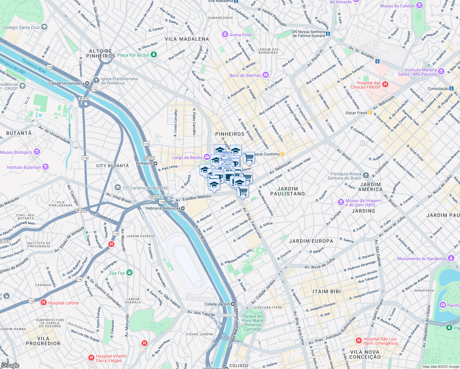 map of restaurants, bars, coffee shops, grocery stores, and more near 1336 Avenida Brigadeiro Faria Lima in São Paulo
