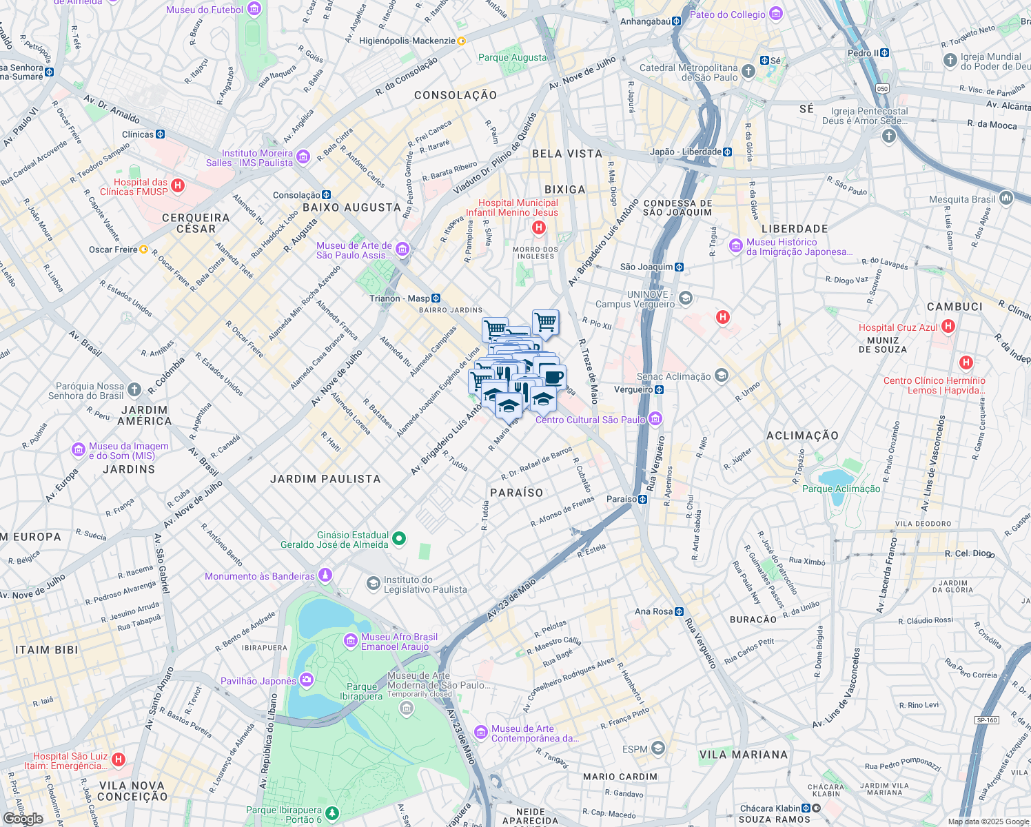 map of restaurants, bars, coffee shops, grocery stores, and more near 202 Rua Maria Figueiredo in São Paulo