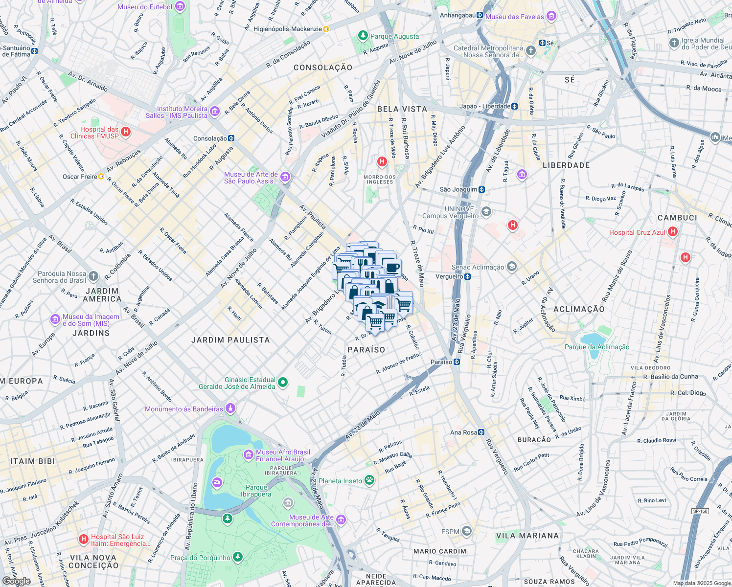 map of restaurants, bars, coffee shops, grocery stores, and more near 202 Rua Maria Figueiredo in São Paulo